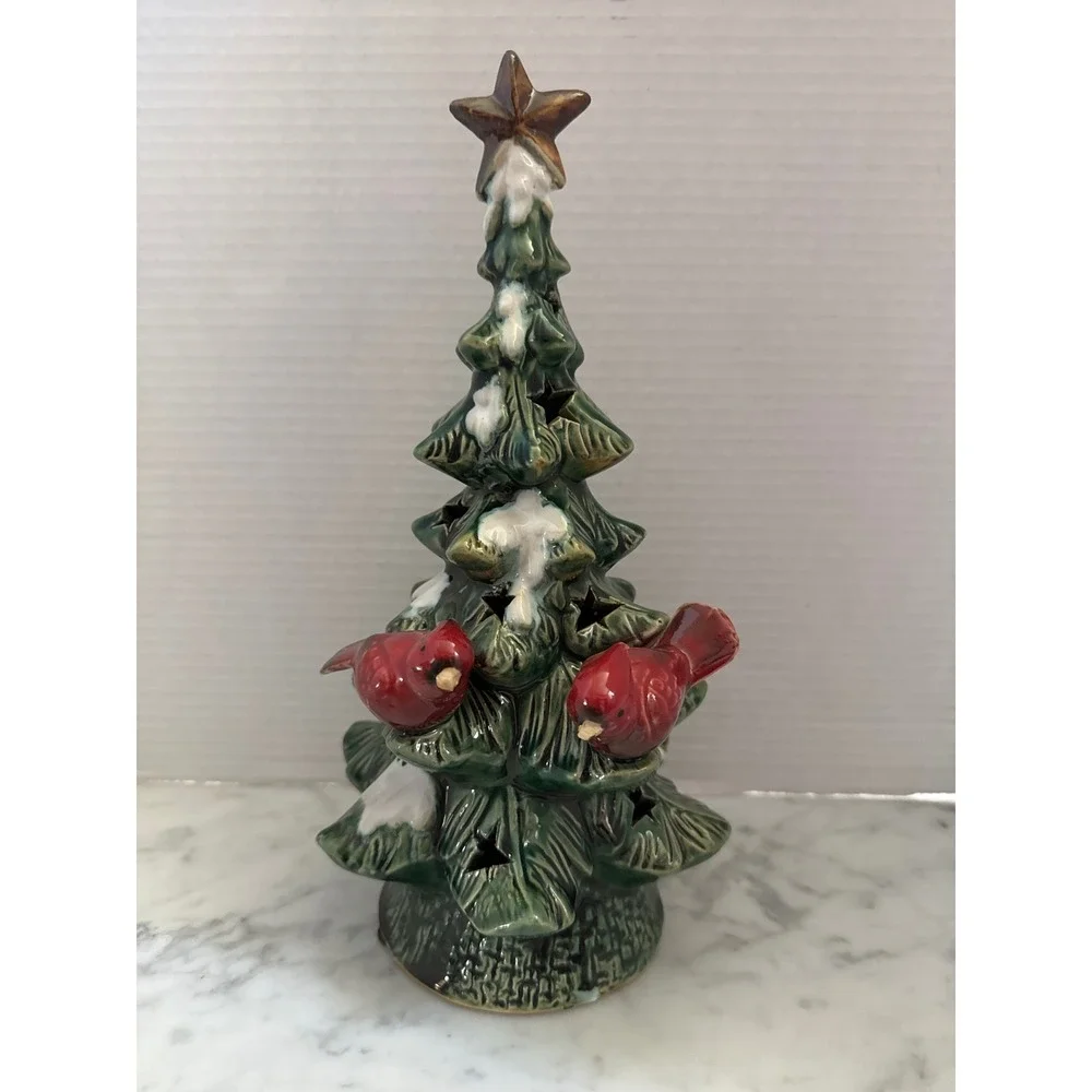 Ceramic Christmas Tree Figurine with Red Cardinals and Star Cutouts 11 Inch